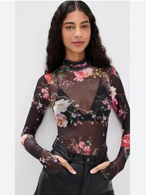 AFRM Zadie Floral Print Long Sleeve Sheer Top NWOT